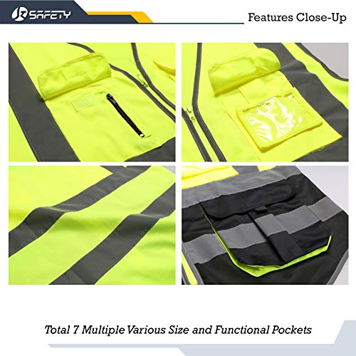 JKSafety 7 Pockets High Visibility Zipper Front Safety Vest With Reflective Strips.Meets ANSI/ISEA Standards (130-Yellow-Black XL) - color: Yellow-black, size: X-Large