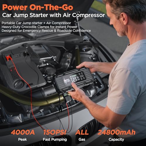 Jump Starter with Air Compressor: 4000A 150PSI Car Battery Charger - 65W Tire Inflator Portable Car Battery Jumper Starter Power Pack - Jump Box Cables (All Gas/10L Diesel) - for Automotive RV Tools