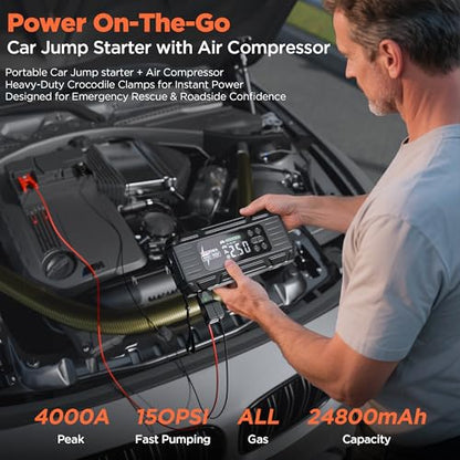 Jump Starter with Air Compressor: 4000A 150PSI Car Battery Charger - 65W Tire Inflator Portable Car Battery Jumper Starter Power Pack - Jump Box Cables (All Gas/10L Diesel) - for Automotive RV Tools