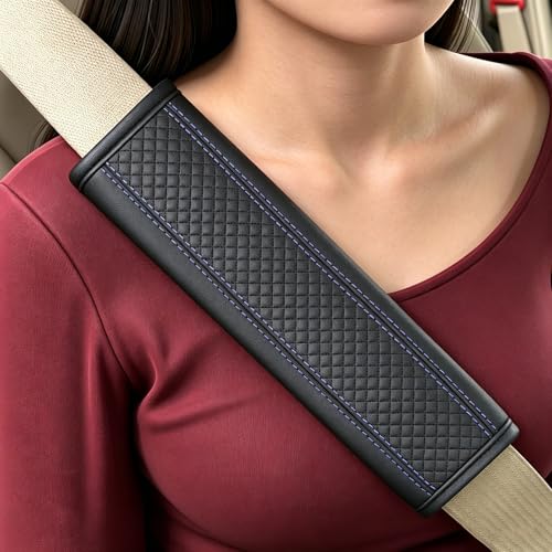 Seat Belt Pads Leather Seat Belt Covers More Comfort Driving Cushion Helps Protect Your Neck and Shoulders Suit for Car, Truck, SUV, Airplane,Camera Backpack Straps Black+Blue-2Pcs - color: Black+Blue