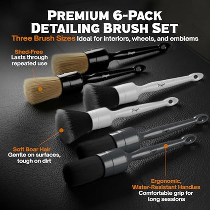 Premium Car Detailing Brush Set - Complete 6 Pack Kit - 2 Boar's Hair, 2 Ultra Soft, 2 Synthetic Bristles - Car Detail Brush for All Surfaces, Leather Seats, Air Vents, Wheels & Emblems, and More - color: Multi 6 Pack