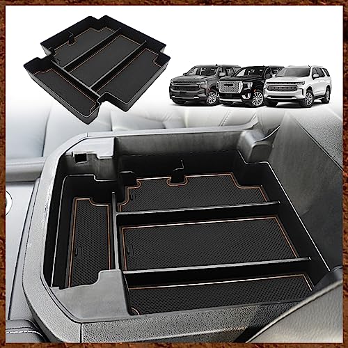 Muslogy for 2021-2025 2026 Sliding Console Yukon Tahoe Suburban Center Organizer Armrest Storage Tray Compatible with GMC Yukon Chevy Tahoe Suburban Fit for Power Sliding Console (Brown) - color: Brown, size: Console Organizer for Sliding Console ONLY