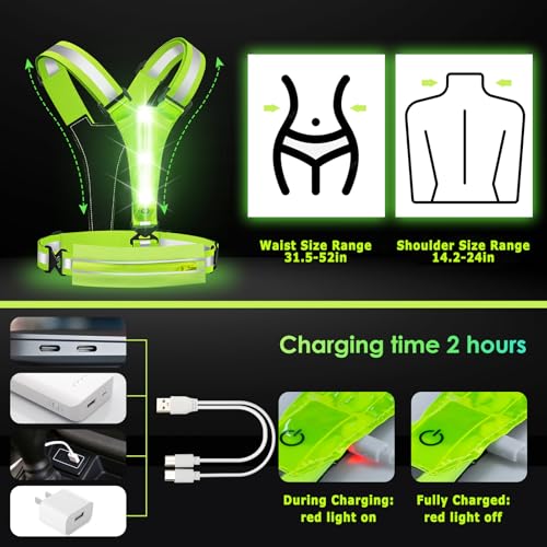 LED Reflective Light Up Safety Running Vest for Biking Walking at Night, LOYAL SEA High Visible Adjustable Running Light for Runners Rechargeable with Pouch, Reflective Running Belt Gear for Men Women
