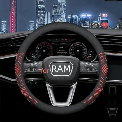 Yangday Leather Steering Wheel Cover for Dodge Ram 1500 2500 3500, 15.5-16 inches Car Steering Wheel Cover with Non-Slip Breathable (Red) - color: Red-2