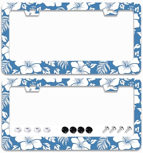 2 Pcs Blue Hawaiian Hibiscus Flowers License Plate Frames - 2 Holes Stainless Steel Metal Auto Car Accessories Decoration License Plate Frame Cover Size 6.3" x 12.2" Fit US Vehicles for Women Men Gift - color: Blue Hawaiian Flowers