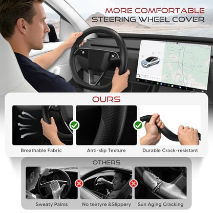 Ultra-Thin Nappa Leather Steering Wheel Cover for Tesla Model 3/Y 2016-2025, Non-Slip Textured Breathable Tesla Model 3/Y Steering Wheel Protector - color: Black