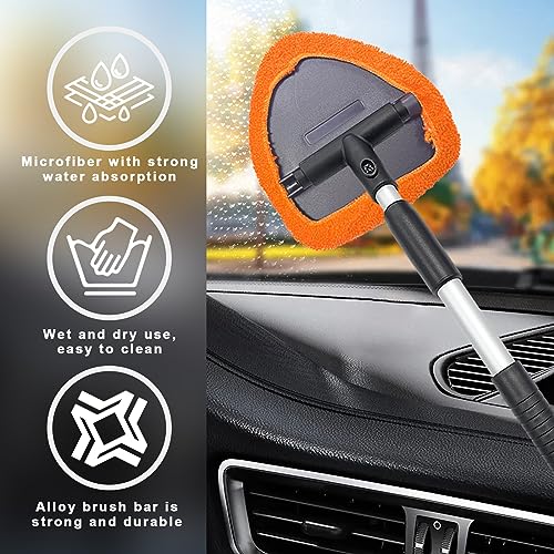 Ziciner Car Windshield Cleaner, Microfiber Auto Cleaning Wiper with Aluminum Extendable Handle and 2 Washable Reusable Cloth Pad Head, Universal Vehicle Interior Exterior Cleaner Kit (Orange-Triangle) - size: Orange-triangle