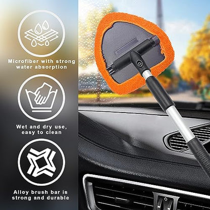 Ziciner Car Windshield Cleaner, Microfiber Auto Cleaning Wiper with Aluminum Extendable Handle and 2 Washable Reusable Cloth Pad Head, Universal Vehicle Interior Exterior Cleaner Kit (Orange-Triangle) - size: Orange-triangle
