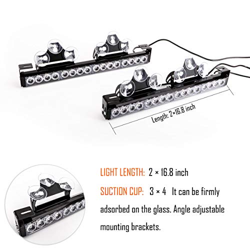 Blue/White 2 in 1 Emergency Strobe Light Bar 21 Flash Patterns Traffic Advisor Warning Hazard Windshield Safety Lights Bar with Cigar Lighter for Police Vehicles, Truck (2×16.8 inch, 32 Led) - color: Blue/White