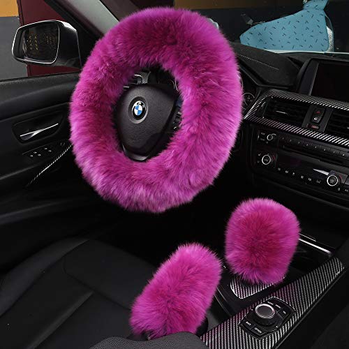 3Pcs Set Fashion Fluffy Fuzzy Wool Fur Soft Car Steering Wheel Cover with Handbrake Cover & Gear Shift Cover for Women/Girls/Ladies Auto Long Wool Accessories - color: Hot Pink, size: Long Wool