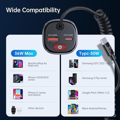Syncwire USB C Car Charger with [Battery Leakage Prevention] 66W Super Fast Car Adapter with PD & QC 3.0 Built in 6FT Type C Coiled Cable for iPhone 17/16/15 Series, Samsung Galaxy/Google Pixel