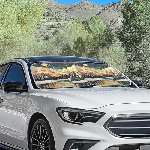 Front Windshield Sun Shade, 2-Piece Car Front Window Pad Folding Sun Visor Windshield Protector Universal Fit Most Cars SUV Truck Van Sedan, Camp Mountain - color: Camp Mountain Moon