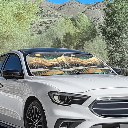 Front Windshield Sun Shade, 2-Piece Car Front Window Pad Folding Sun Visor Windshield Protector Universal Fit Most Cars SUV Truck Van Sedan, Camp Mountain - color: Camp Mountain Moon