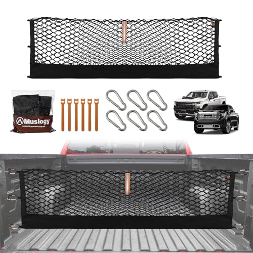Muslogy Truck Bed Cargo Net Trunk Netting Compatible with 2013-2026 Chevy Silverado & GMC Sierra 1500/2500HD/3500HD Accessories, Pickup Cargo Organizer SUV Sedan Storage Net w/Heavy Duty Carabiners - style: 2013+ Silverado & Sierra1500/2500HD/3500HD