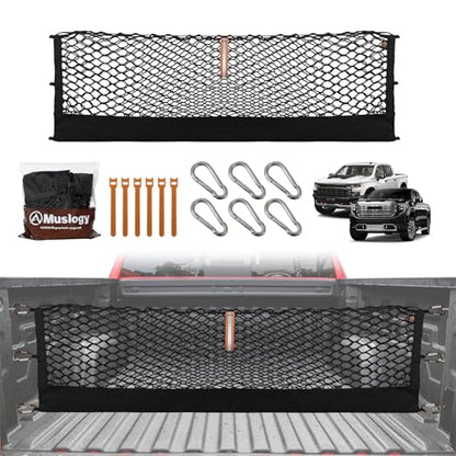 Muslogy Truck Bed Cargo Net Trunk Netting Compatible with 2013-2026 Chevy Silverado & GMC Sierra 1500/2500HD/3500HD Accessories, Pickup Cargo Organizer SUV Sedan Storage Net w/Heavy Duty Carabiners - style: 2013+ Silverado & Sierra1500/2500HD/3500HD