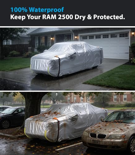 Wigoo Dodge Ram 2500 3500 Truck Car Cover Accessories, Custom Fit Waterproof All Weather Outdoor Pickup Cover, Windproof UV Rain Snow Dust Protection, Door Zipper, Reflective Strips, Breathable Design - size: for Dodge Ram 2500 3500