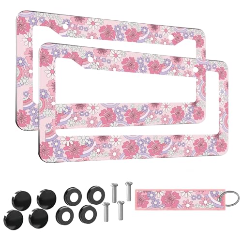 2pcs Hibiscus Rainbow Floral Flower License Plate Frame for Women,Inspirational Pink Florals car Decorative tag Frames Girly,hot Pink Hibiscus Floral Flower License Plate Cover Holder for Vehicle - color: for Hibiscus Rainbow