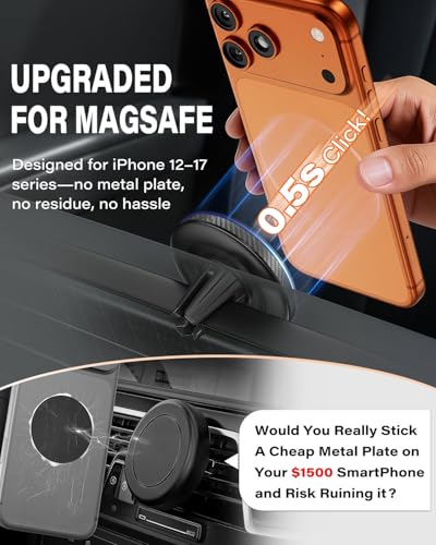 A2C Slim Magnetic Phone Holder for Car, Rental Car Essentials for Travel, No Assembly, Compact, One-Hand Operation, Easy Removal, Reusable, Upgraded Air Vent Phone Mount Compatible with MagSafe iPhone - style: Black