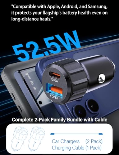 [2-Pack] Car Lighter USB Adapter, 52.5W Dual Port USB Car Charger for iPhone 17 16 Pro Max Samsung S26 S25, 30W PD Fast Charging Car Charger Adapter (Cable Included)
