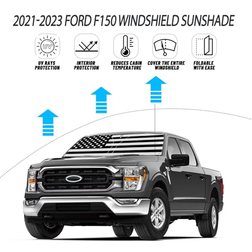 D-Lumina Windshield Sun Shade for 2021-2025 F-150 F150 Lariat, King Ranch, Platinum, XL XLT Limited Raptor, Front Window Sunshade American Flag Sun Visor Protector, Foldable 2 Layer 210T Material - size: Silver & Black-Fit 2021-2025 Ford F150