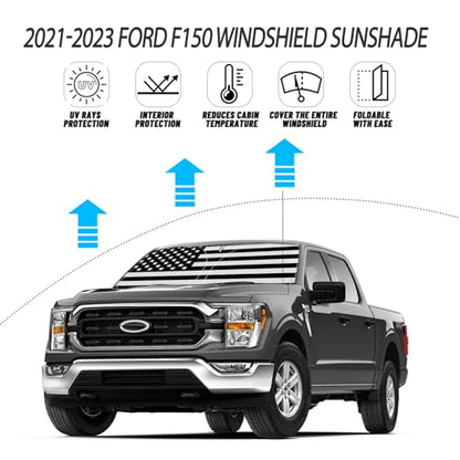 D-Lumina Windshield Sun Shade for 2021-2025 F-150 F150 Lariat, King Ranch, Platinum, XL XLT Limited Raptor, Front Window Sunshade American Flag Sun Visor Protector, Foldable 2 Layer 210T Material - size: Silver & Black-Fit 2021-2025 Ford F150