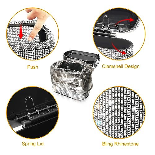 Accmor Bling Car Trash Can with 30pcs Garbage Bags, Vehicle Trash Bin with Lid Auto Dustbin Organizer Garbage Storage, Sparkling Crystal Mini Trash Container Holder - color: Black/White Rhinestone