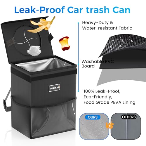 Beicarin Car Trash Can with Lid - Trash Bag Hanging with Storage Pockets Leak-Proof Organizer Collapsible and Portable Waterproof Garbage Bin, 2.2 Gallons Multipurpose Trash Bin for Car - size: 2.2 Gal