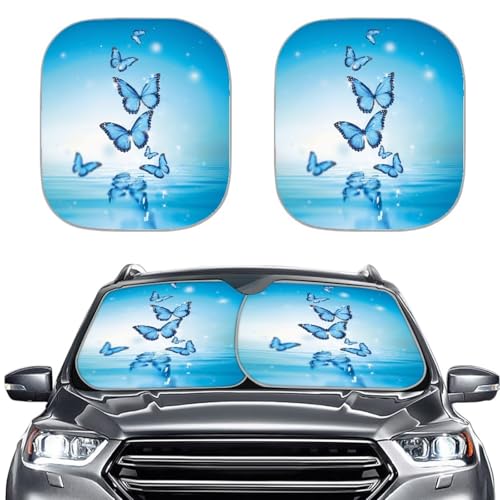 Butterfly Windshield Sun Shade for Most Cars SUVs Vans, 2 Pack Butterfly Car Accessories for Women Auto Front Window Sun Visor Blocks Sunlight - color: Butterflies Blue