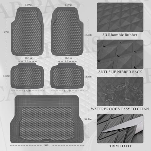 CAR PASS Gray Rubber Car Floor Mats & Cargo Liners, Durable Anti-Slip 3D Rhombus Waterproof Automotive Pad Trim Fit Liner All-Weather Trunk Mats Full Set Universal Fit Auto Van Sedan SUV Truck Gray - color: Gray With Cargo Liners
