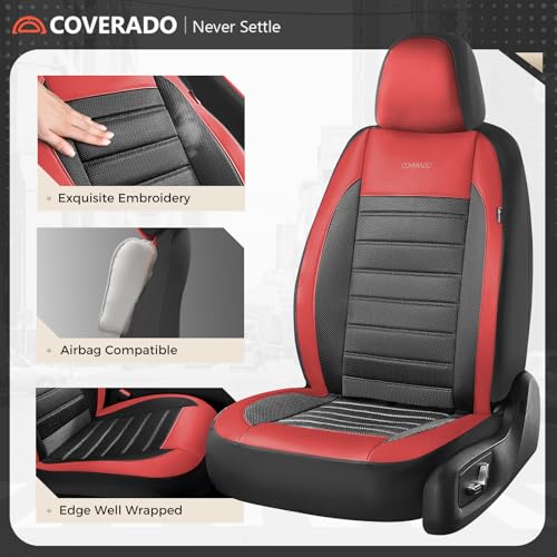 Coverado Car Seat Covers Full Set, Luxury Leather Car Seat Covers, Automotive Front and Rear Mesh Seat Covers, Full Set 5 Seats, Black Red Seat Covers for SUV Sedan Truck - color: Red&Black, size: Fullset