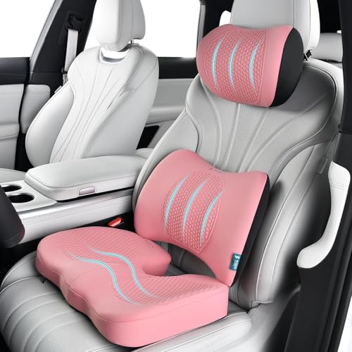 FLORICH 3 PCS Seat Cushion for Carseat Lumbar Support Pillow Car Neck Headrest Pillows Memory Foam Gel Memory Foam Massage Point Seat Pads Pressure Relief Back Cushion for Office Chair(Light Pink) - color: Light Pink, size: Cushion+lumbar+headrest