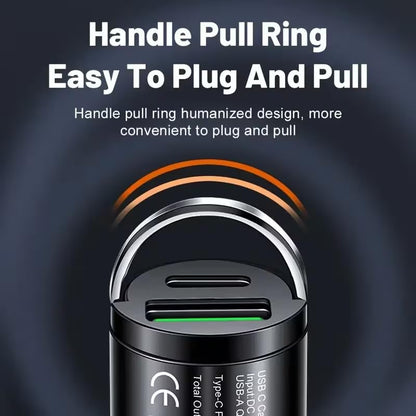 66W Car Fast Charger Dual USB-A USB-C Mini Metal Ring Design Stable Power Protection for Smartphones GPS Tachographs, Black - color: Black