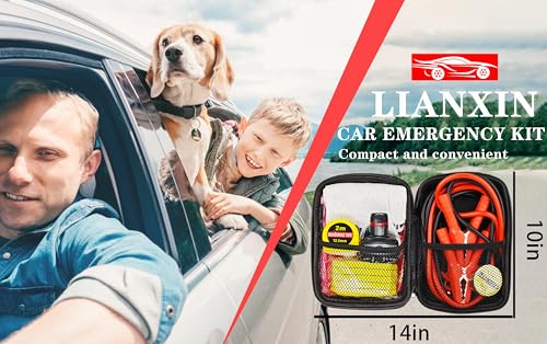 LIANXIN Car Emergency Roadside Tool Kit, Auto Emergency Kits Vehicles, with Jumper Cables kit，Car Safety Roadside Assistance Kit,Headlamp,Tow Straps,Tape Measure,Rainwear,Gloves.Gloves.Pale - color: pale