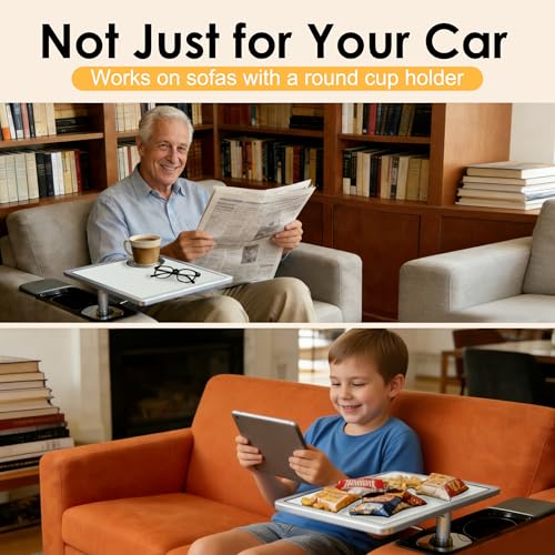 Car Food Tray & Car Table Tray with Car-Grade Aluminum Cup Holder & Phone Stand,360° Rotating Car Desk for Laptop & Eating, Compatible with Tesla Model Y/3/S, Best Fit Round Cup Holder (2.28" - 3.66") - color: 𝗦𝗾𝘂𝗮𝗿𝗲 · White