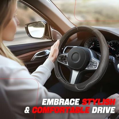 Auto Dynasty Steering Wheel Cover, Breathable Microfiber Leather Car Steering Wheel Protector with Stylish White Wavy Stitch, Anti-Slip, [14 1/2 to 15 Inches] Universal Fit Cars Trucks SUVs - color: Stitched White B