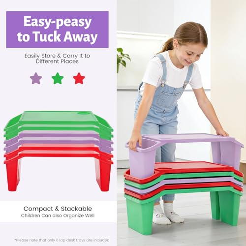 6 Pack Kids Lap Tray with Storage Slots, Stackable Portable Kids Lap Desk, 20" L X 10" W X 7" H Plastic Table Kids Activity Tray for Writing Eating Drawing Reading (Red, Green, and Purple) - color: Red+green+purple