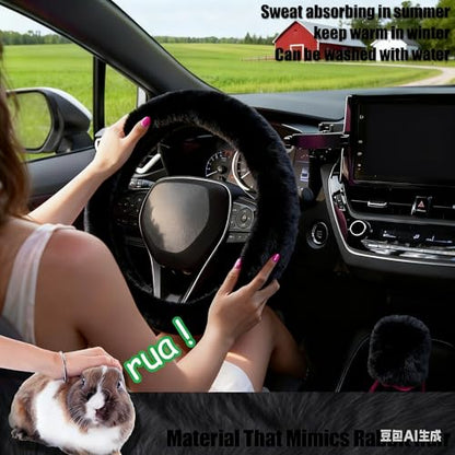 Furry Car Steering Wheel Cover with Fluffy Gear Shift Cover and Center Console Cover, Soft Warm Plush Non-Slip, 14 1/2-15 inch, for Women Girls 3 PCS Set, Black - color: 3 pcs set - black