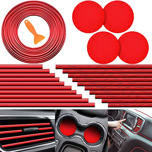 Frienda 25 Pack Universal Car Vent Trim Strips and Cup Mats Set 20 Pcs 16 Feet Air Conditioner Outlet Decor with Installation Tool 4 Pcs Non Slip Cup Holders Mats DIY Trim Accessories(Red) - color: Red