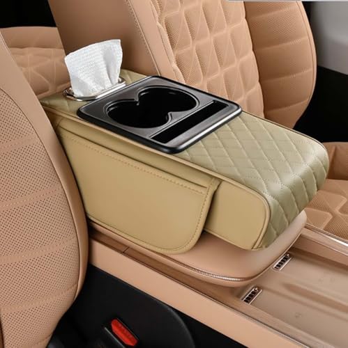 Car Armrest Cushion,5-in-1 Center Console Cover with 2 Storage Bags Cup Holder, Tissue Box Slot, Phone Slot for Sedans, Car Accessories Interior Organizers (Beige) - color: Beige