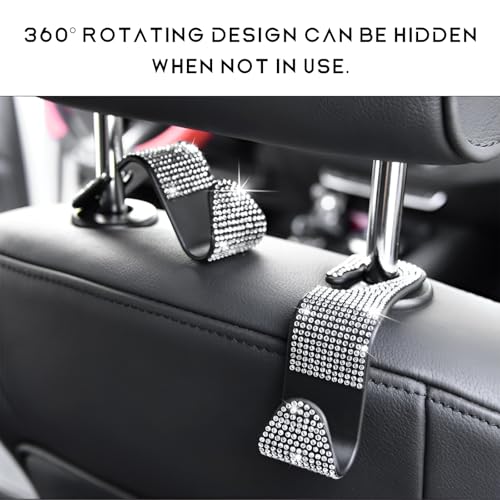 4 PCS Car Seat Headrest Hooks, Bling Rhinestone Purse Hook Vehicle Back Seat Hanger, Sparkling Crystal Headrest Hangers Storage Organizer for Grocery Bag Handbag Coats (Black)