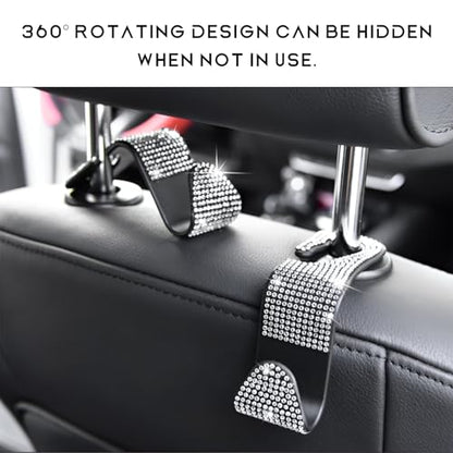 4 PCS Car Seat Headrest Hooks, Bling Rhinestone Purse Hook Vehicle Back Seat Hanger, Sparkling Crystal Headrest Hangers Storage Organizer for Grocery Bag Handbag Coats (Black)