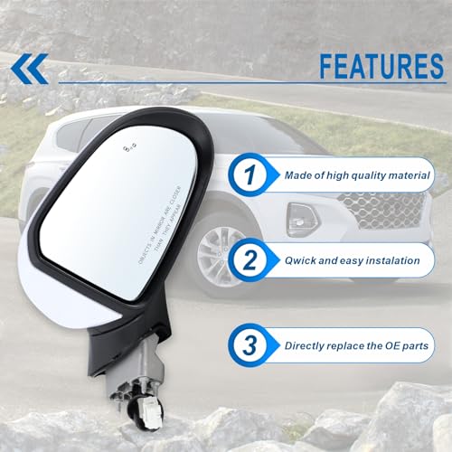 Right Passenger Side Mirror Compatible With 2019 2020 2021 2022 2023 Hyundai Santa Fe With Manual Folding Power Glass Blind Spot White Replace#87620-S2010(5Pins) - size: R