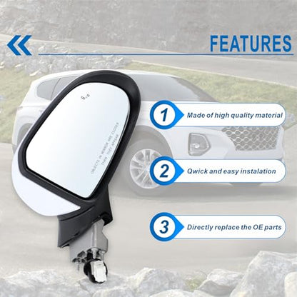 Right Passenger Side Mirror Compatible With 2019 2020 2021 2022 2023 Hyundai Santa Fe With Manual Folding Power Glass Blind Spot White Replace#87620-S2010(5Pins) - size: R