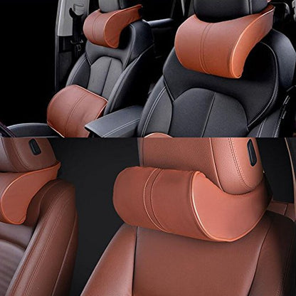 Car Seat Neck Pillow Headrest Head Support Pillow Cushion Pad Soft Memory Foam PU Soft Leather Comfortable with Adjustable Strap - color: Brown