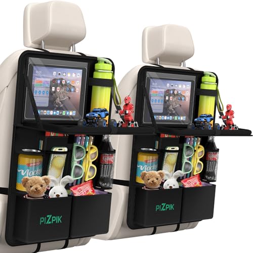 Plzpik Car Backseat Organizer with Tablet Holder,11 Storage Pockets with Foldable Food Tray, Protector Kick Mats for Kids, Travel Accessories Organizer (Black, 1Pack) - color: Black, size: 1pack