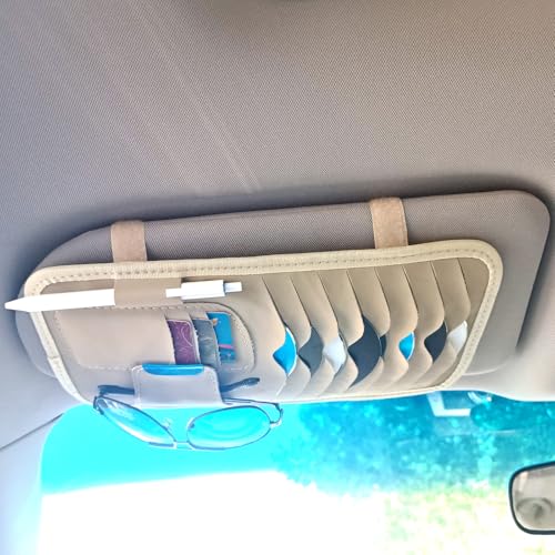 Beige Multifunctional Car CD Case Holder for Sun Visor Organizer Car CD Holder Organizer, 8 CD/DVD Storage Sleeves, 3 Bank Card Holder, 1 Sunglasses Holder, 1 Pen Holder - color: Beige