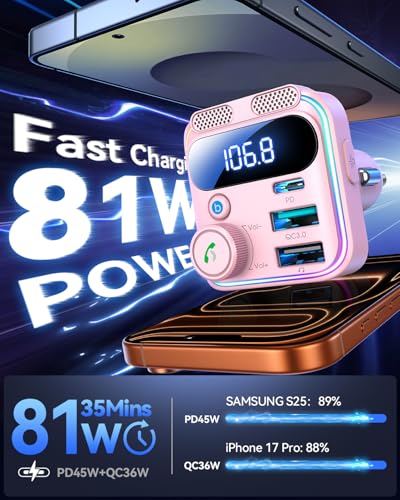 JOYROOM Bluetooth 6.0 Car Adapter FM Transmitter 81W Fast Charging Cigarette Lighter Hands-Free Calling Support USB Drive, Pink - color: Pink