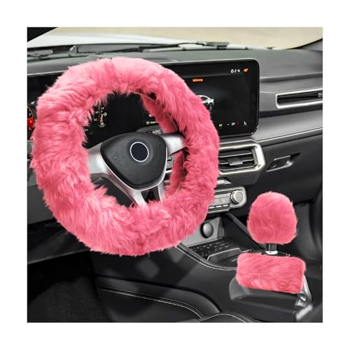 Fluffy Steering Wheel Covers Set, Fuzzy Wool Wheel Protector with Handbrake & Gear Shift Cover, Soft Warm Steering Wheel Wrap Furry Interior Accessories for Women Girls (Pink) - color: Pink