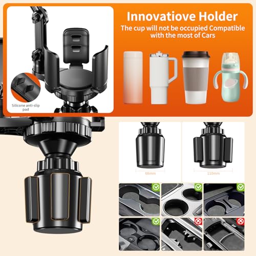 Phone Holders for Your Car, 2 in 1 Cup Holder Phone Mount with Expander, Secure Hold, Adjustable Base and Long Arm with 360°Rotation Car Phone Holder for 4-7‘’ devices and Up to 5.31'' Most Bottles