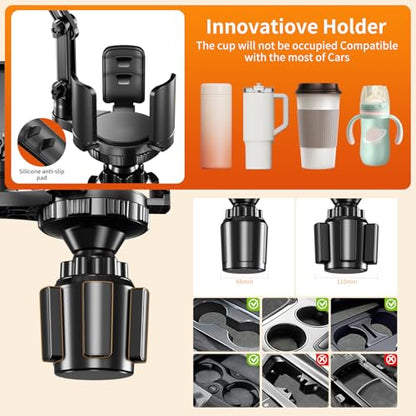 Phone Holders for Your Car, 2 in 1 Cup Holder Phone Mount with Expander, Secure Hold, Adjustable Base and Long Arm with 360°Rotation Car Phone Holder for 4-7‘’ devices and Up to 5.31'' Most Bottles